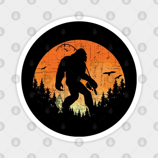 Fishing Bigfoot Sunset - Retro Bigfoot Magnet by Tesszero